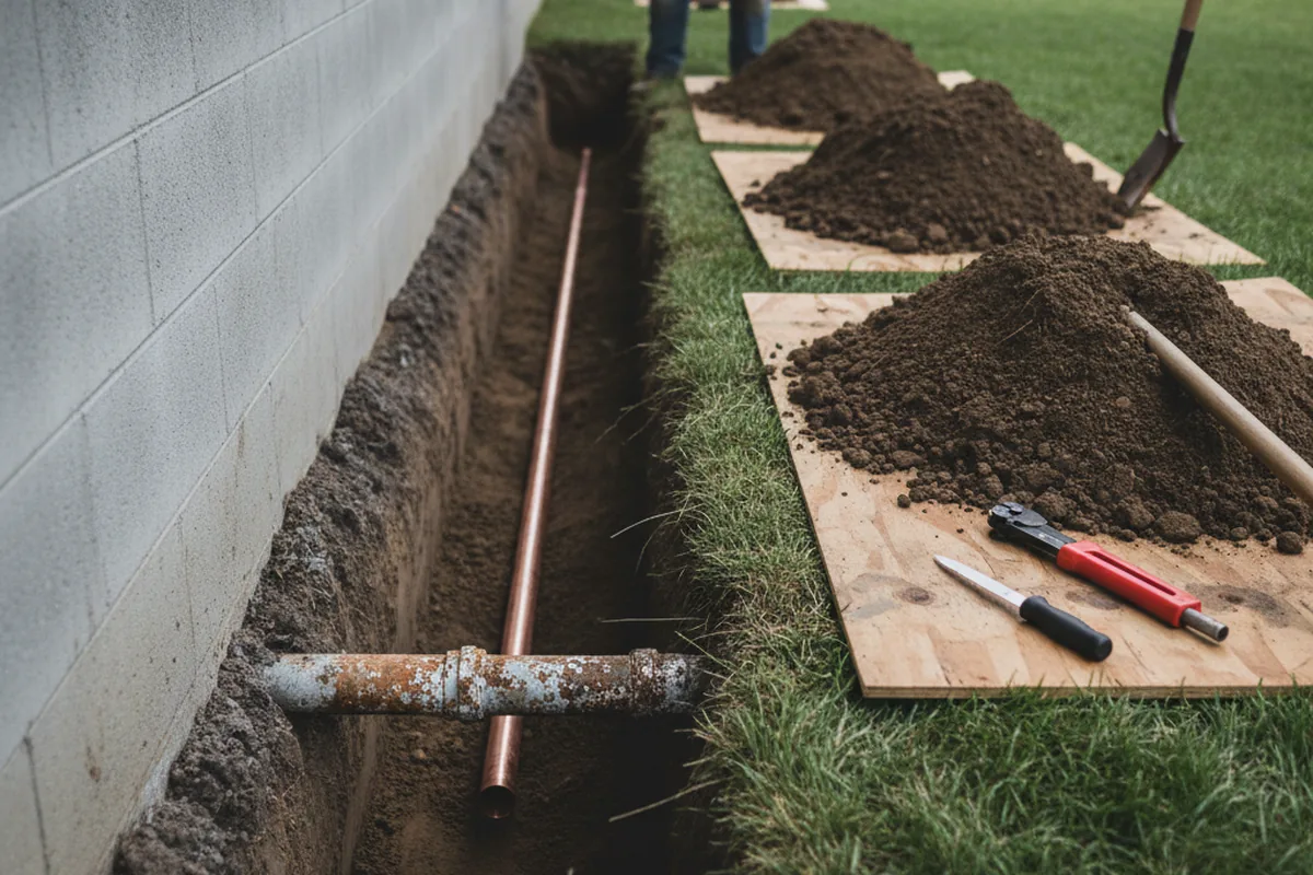 Excavated water line trench during Sewer Line Repair in Hookstown